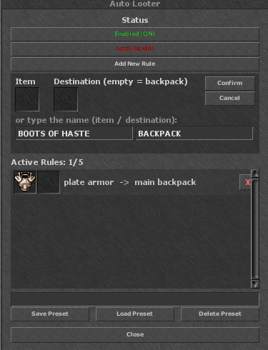 The Autoloot window in game