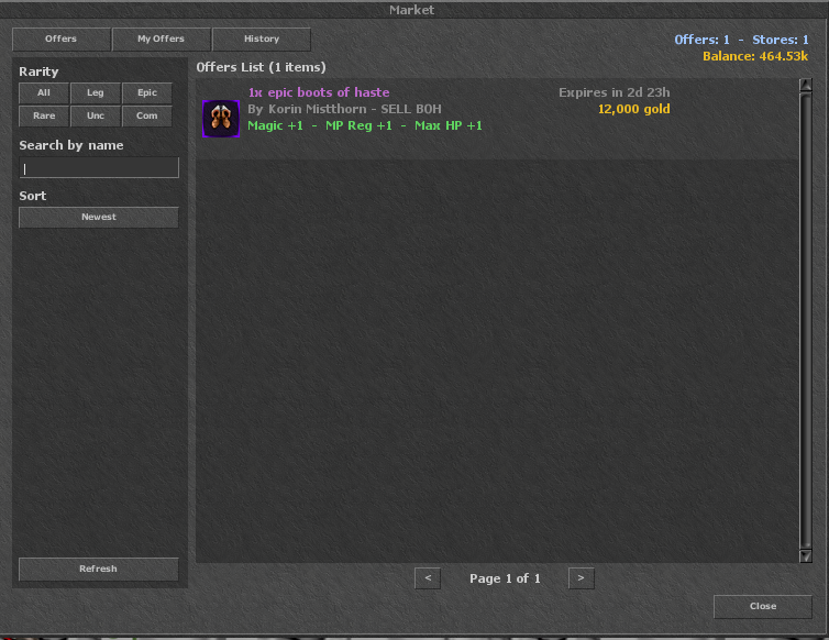 The offer list for the whole server: rarity filter, search by name and the time left on every listing.