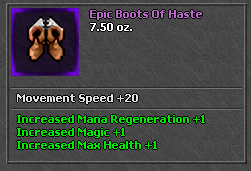 An Epic Boots of Haste: purple name, rarity frame, and the three bonuses it rolled.