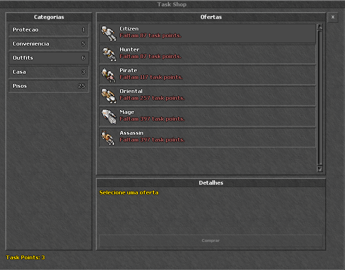 Janela do Task Shop dentro do jogo